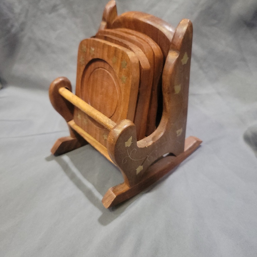 Wooden Hand Carved Rocking Chair Coaster Set Includes 4 Coasters 1 Holder Brass